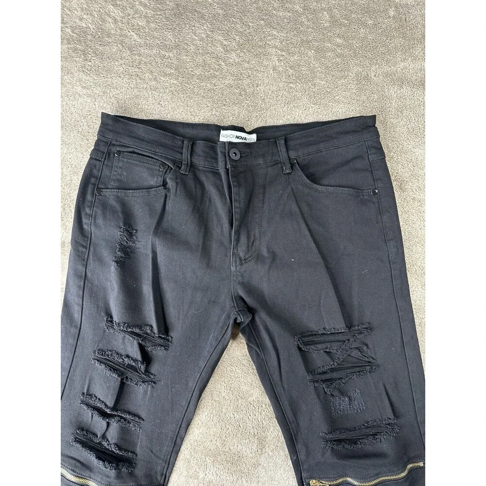 Fashion Nova Men Black Distressed Skinny Jeans Zip Knee Stretch Size 38x31